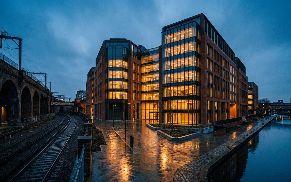 Brick and glass office campus at dusk beside the Kings Cross railway lands, London