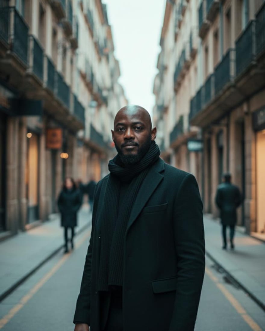 Oluwole Oke in a dark overcoat on a European street at dusk